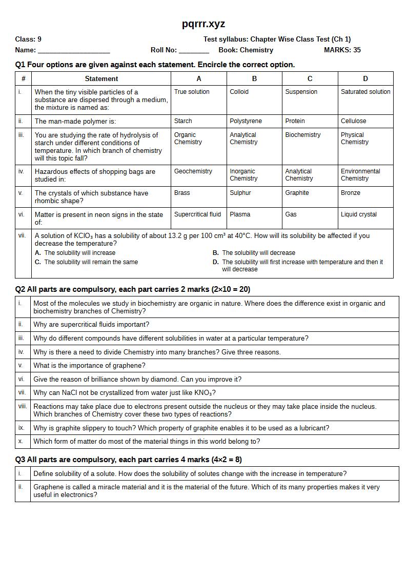 First page of 9th Chemistry – Chapter 1 – States of Matter and Phase Changes – Chapter Wise Class Test, 35 marks (English)