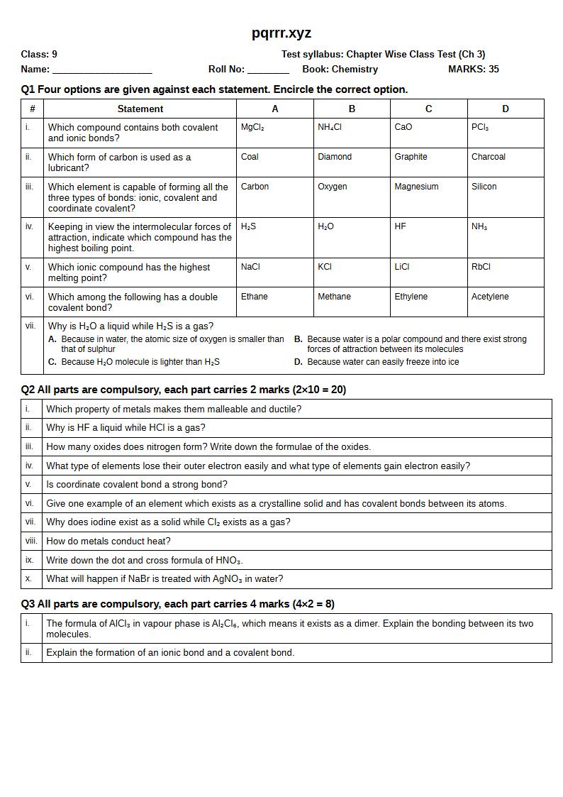 First page of 9th Chemistry – Chapter 3 – Chemical Bonding – Chapter Wise Class Test, 35 marks (English)