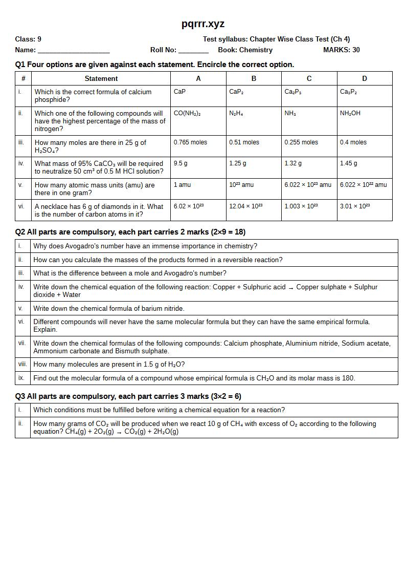 First page of 9th Chemistry – Chapter 4 – Stoichiometry – Chapter Wise Class Test, 30 marks (English)