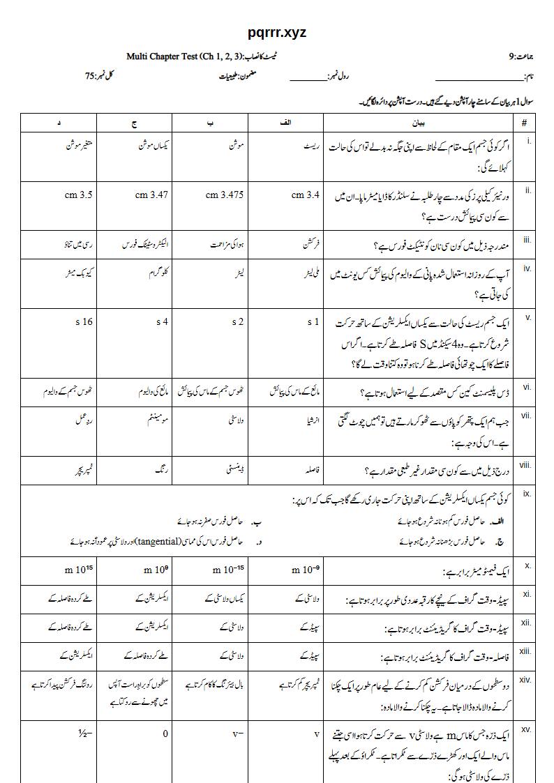 First page of 9th Physics (Urdu medium) – Chapters 1–3 – Multi Chapter Test, 75 marks (Urdu)