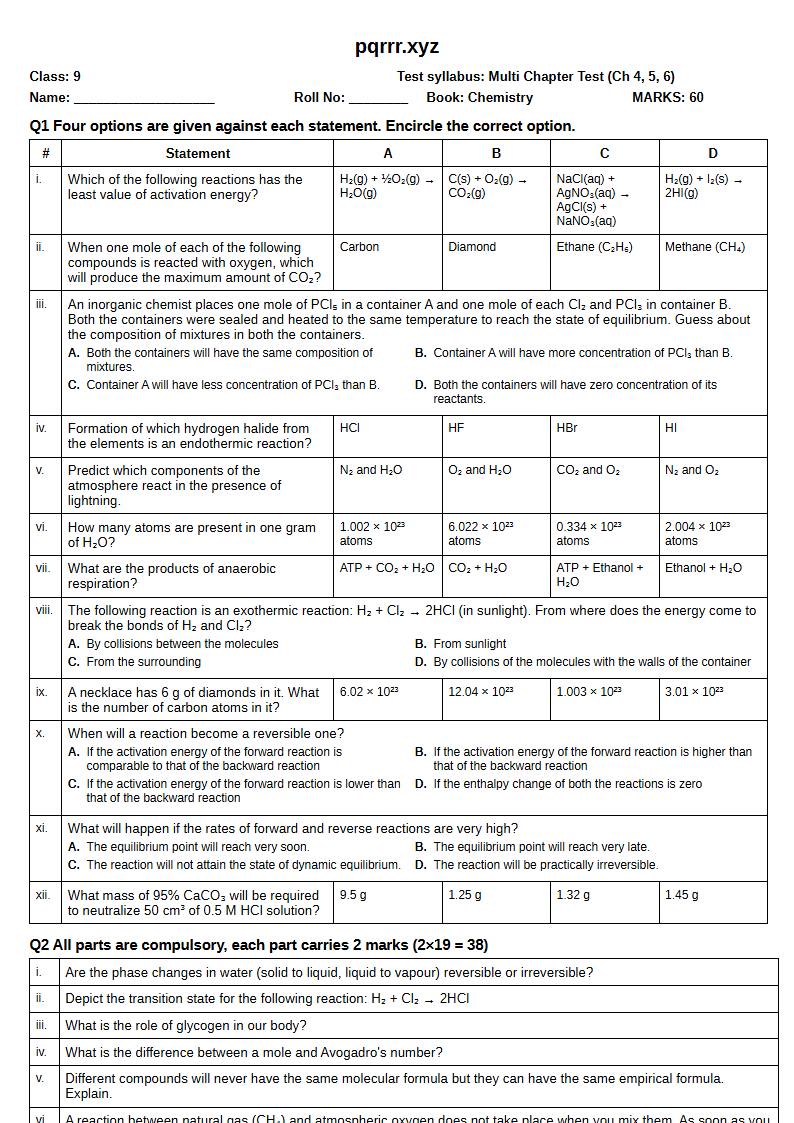 First page of 9th Chemistry – Chapters 4–6 – Multi Chapter Test, 60 marks (English)