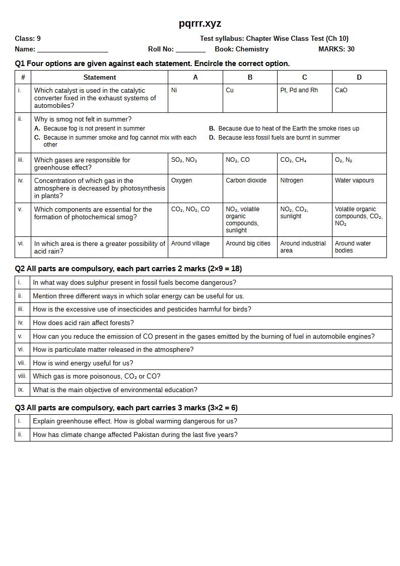 First page of 9th Chemistry – Chapter 10 – Environmental Chemistry – Chapter Wise Class Test, 30 marks (English)