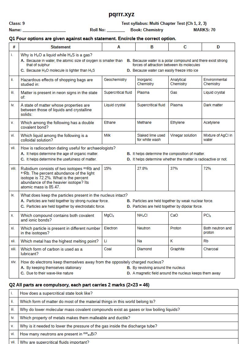 First page of 9th Chemistry – Chapters 1–3 – Multi Chapter Test, 70 marks (English)