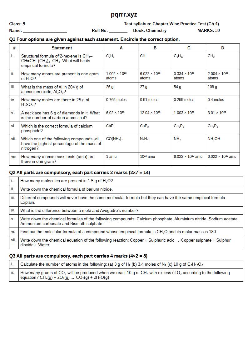 First page of 9th Chemistry – Chapter 4 – Stoichiometry – Chapter Wise Practice Test, 30 marks (English)