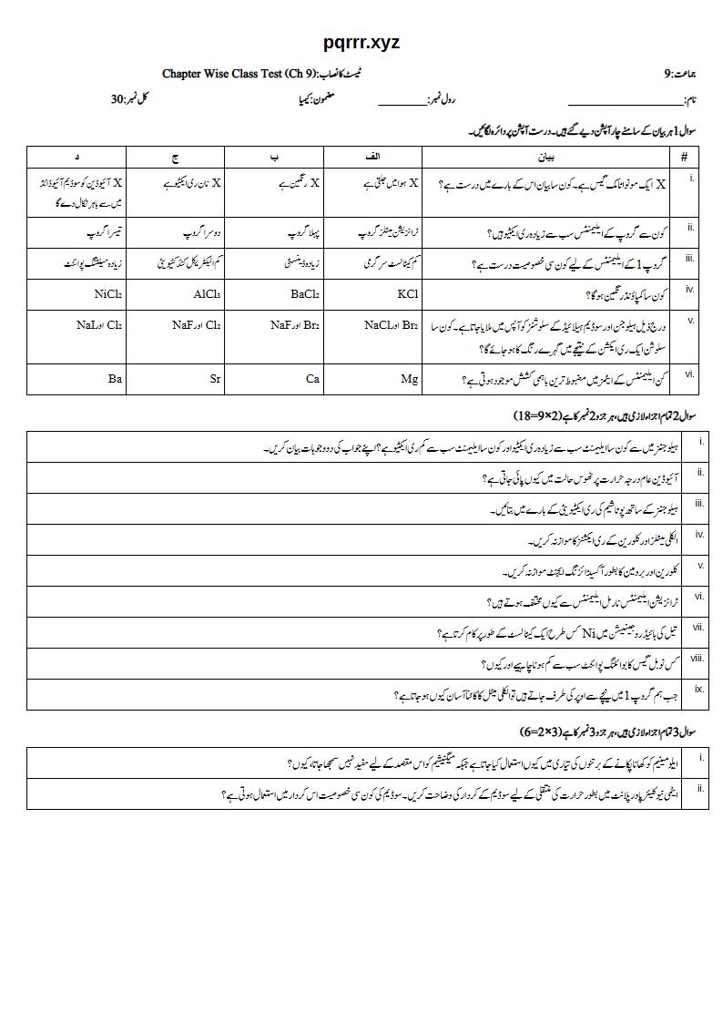 First page of 9th Chemistry (Urdu medium) – Chapter 9 – گروپ کی خصوصیات اور ایلیمنٹس (Group Properties and Elements) – Chapter Wise Class Test, 30 marks (Urdu)
