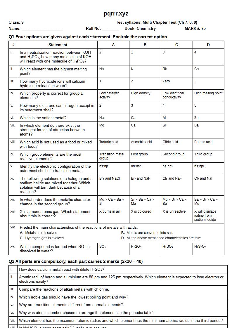 First page of 9th Chemistry – Chapters 7–9 – Multi Chapter Test, 75 marks (English)