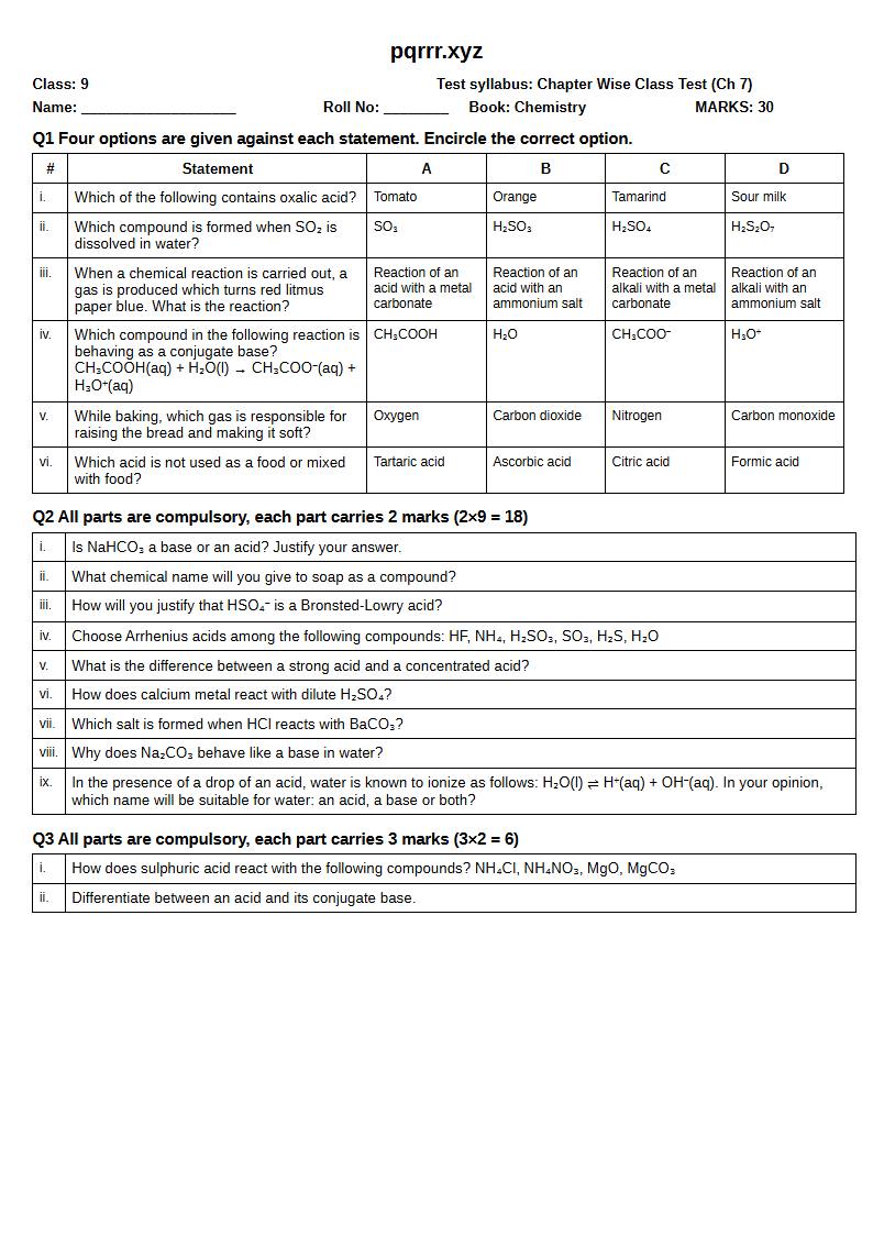 First page of 9th Chemistry – Chapter 7 – Acid Base Chemistry – Chapter Wise Class Test, 30 marks (English)