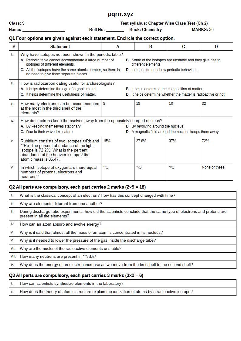 First page of 9th Chemistry – Chapter 2 – Atomic Structure – Chapter Wise Class Test, 30 marks (English)