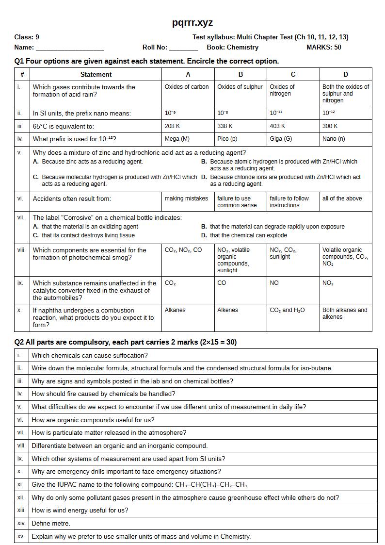 First page of 9th Chemistry – Chapters 10–13 – Multi Chapter Test, 50 marks (English)