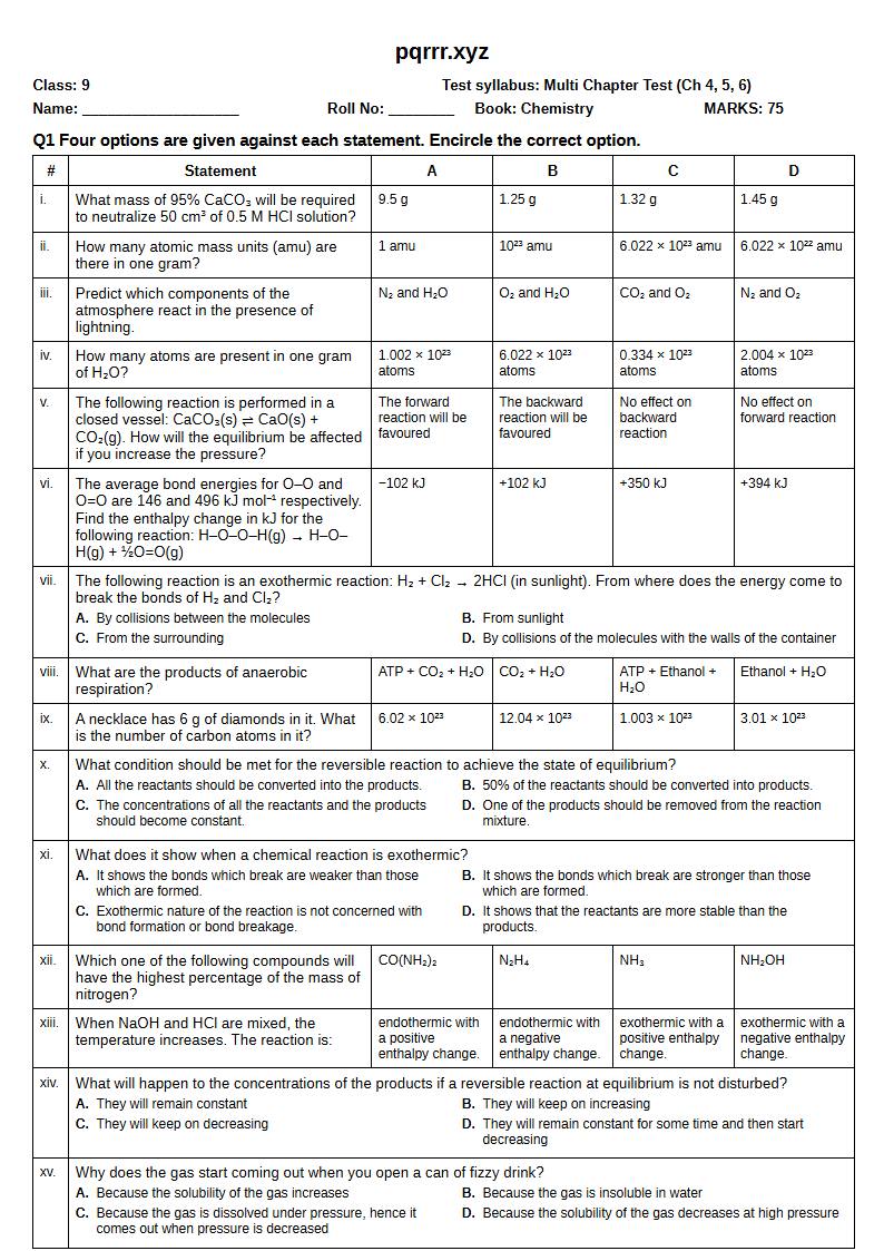 First page of 9th Chemistry – Chapters 4–6 – Multi Chapter Test, 75 marks (English)