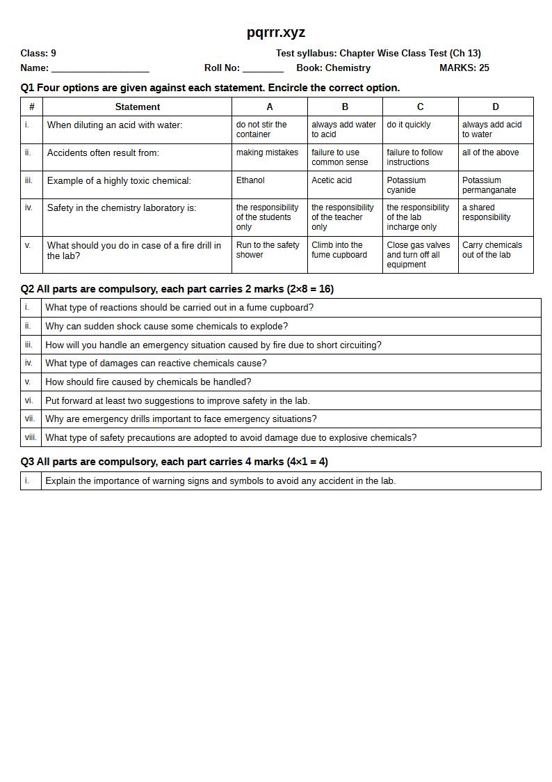 First page of 9th Chemistry – Chapter 13 – Laboratory and Practical Skills – Chapter Wise Class Test, 25 marks (English)