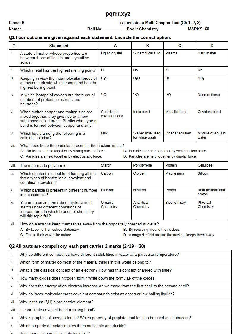 First page of 9th Chemistry – Chapters 1–3 – Multi Chapter Test, 60 marks (English)