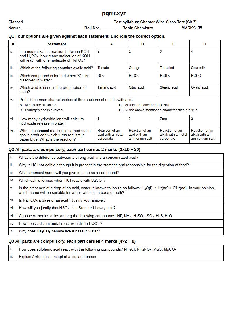 First page of 9th Chemistry – Chapter 7 – Acid Base Chemistry – Chapter Wise Class Test, 35 marks (English)