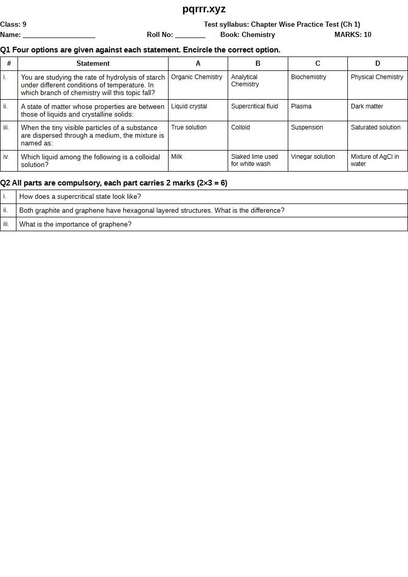First page of 9th Physics – Chapters 1–3 – Multi Chapter Test, 75 marks (English)