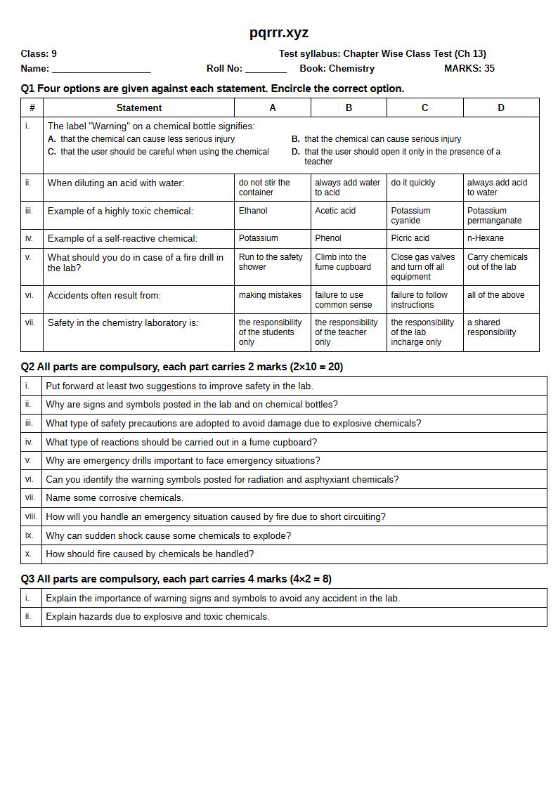 First page of 9th Chemistry – Chapter 13 – Laboratory and Practical Skills – Chapter Wise Class Test, 35 marks (English)