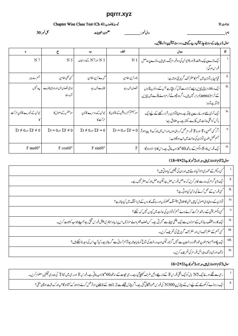 First page of 9th Physics (Urdu medium) – Chapter 4 – فورس کے گھمانے کے اثرات (Turning Effects of Force) – Chapter Wise Class Test, 30 marks (Urdu)