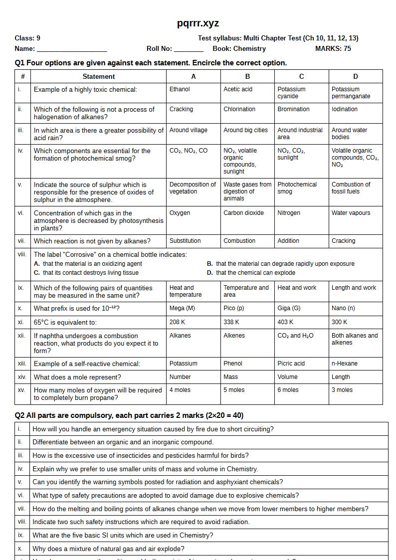 First page of 9th Chemistry – Chapters 10–13 – Multi Chapter Test, 75 marks (English)