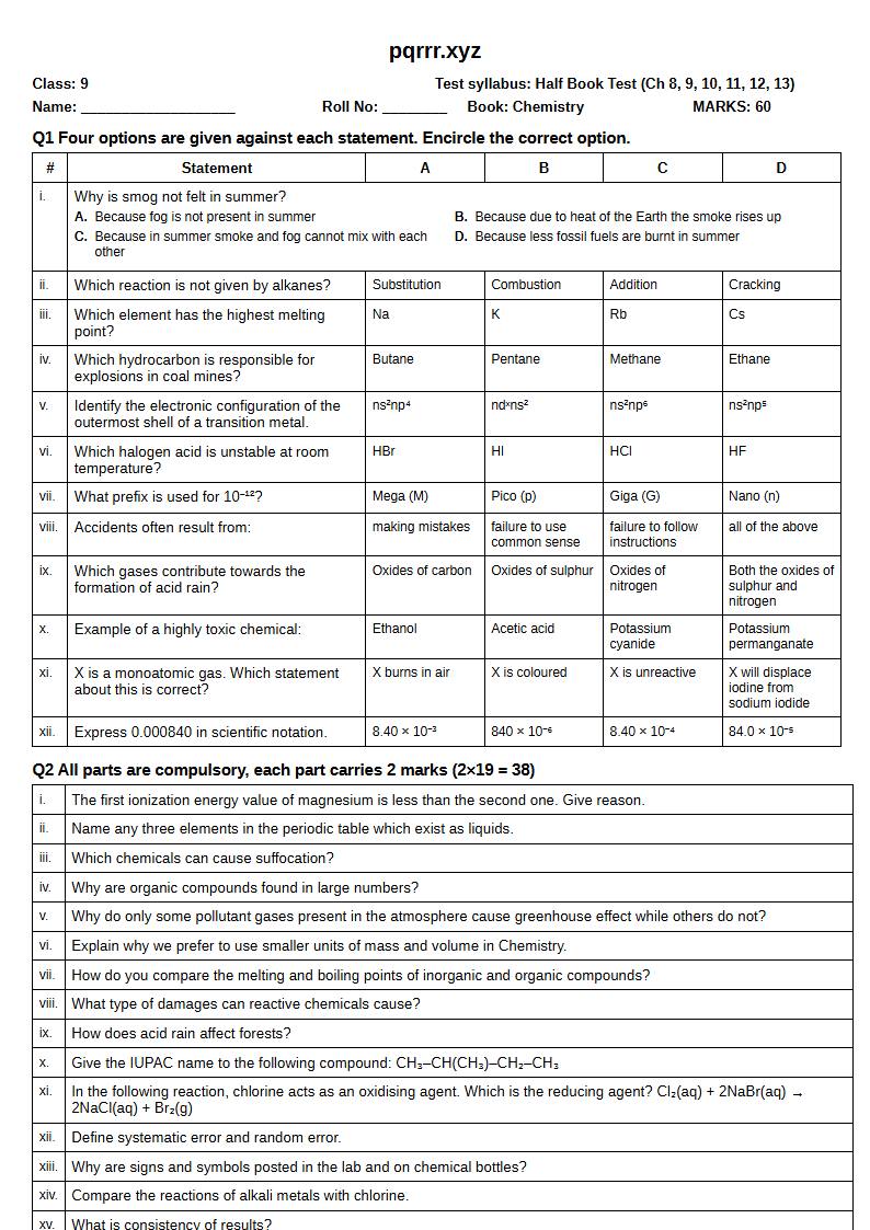 First page of 9th Chemistry – Half book (Chapters 8–13) – Half Book Test, 60 marks (English)