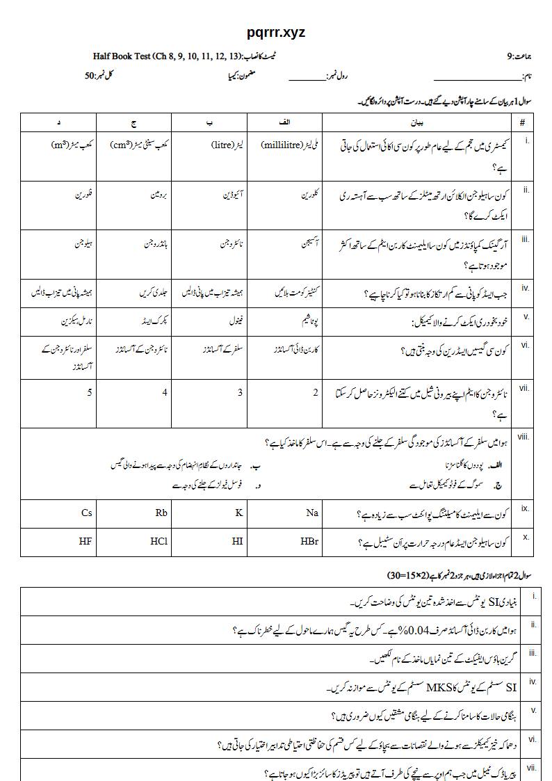 First page of 9th Chemistry (Urdu medium) – Half book (Chapters 8–13) – Half Book Test, 50 marks (Urdu)