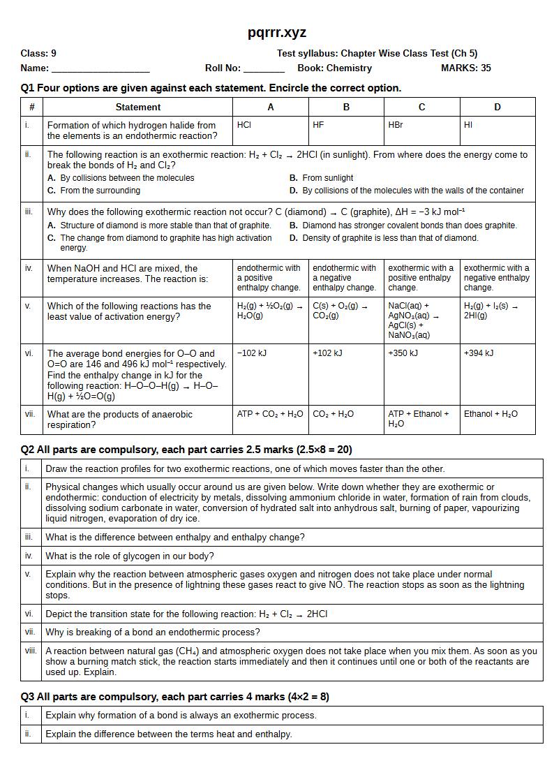 First page of 9th Chemistry – Chapter 5 – Energetics – Chapter Wise Class Test, 35 marks (English)