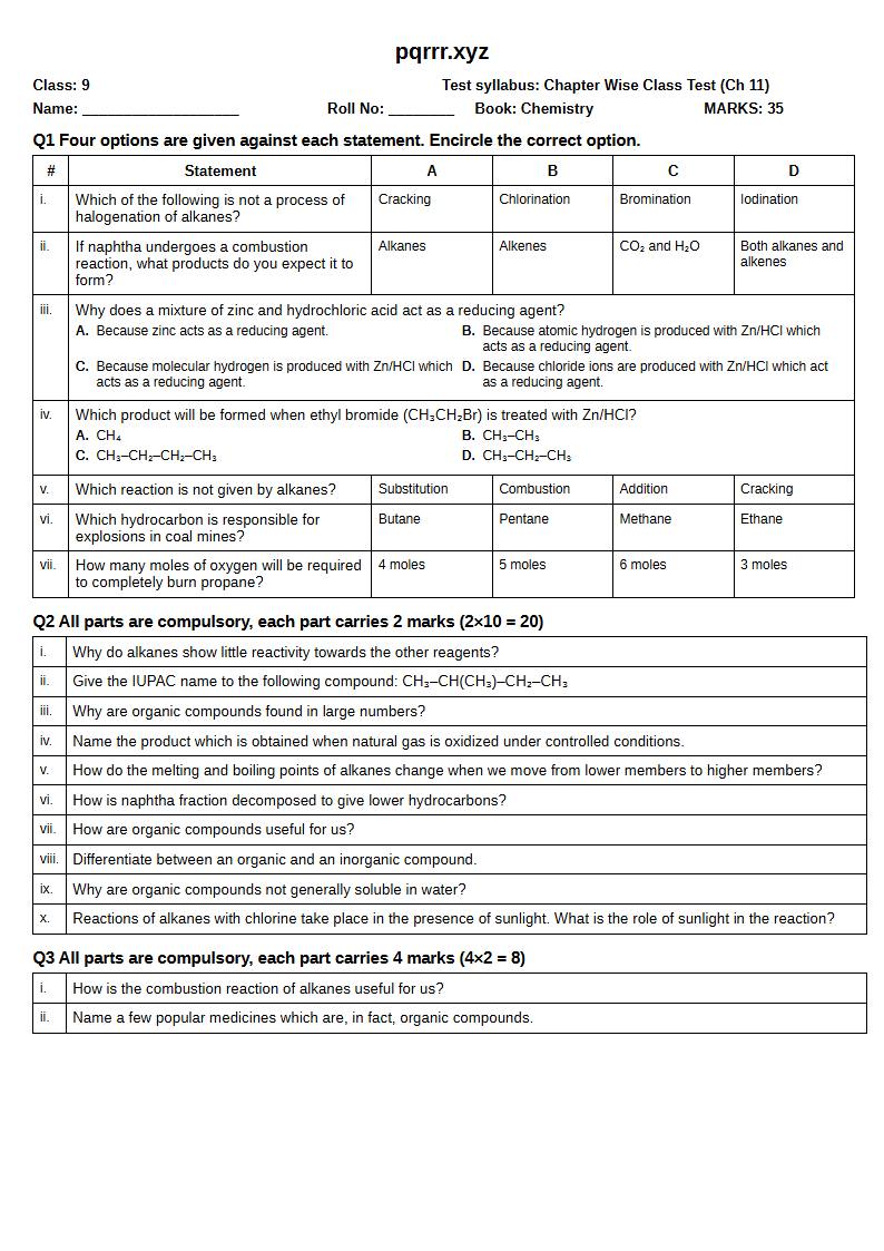First page of 9th Chemistry – Chapter 11 – Hydrocarbons – Chapter Wise Class Test, 35 marks (English)