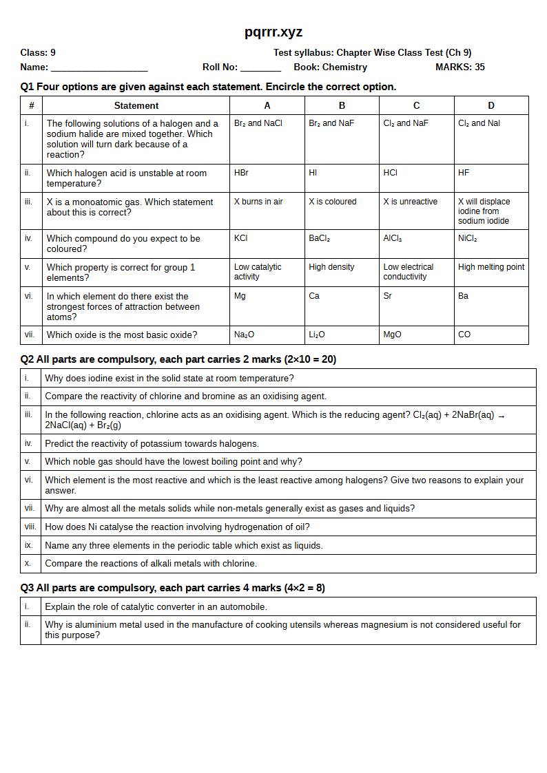 First page of 9th Chemistry – Chapter 9 – Group Properties and Elements – Chapter Wise Class Test, 35 marks (English)