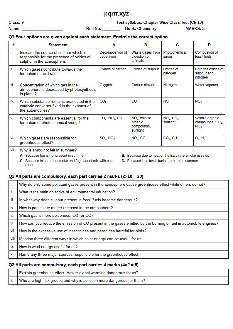 First page of 9th Chemistry – Chapter 10 – Environmental Chemistry – Chapter Wise Class Test, 35 marks (English)