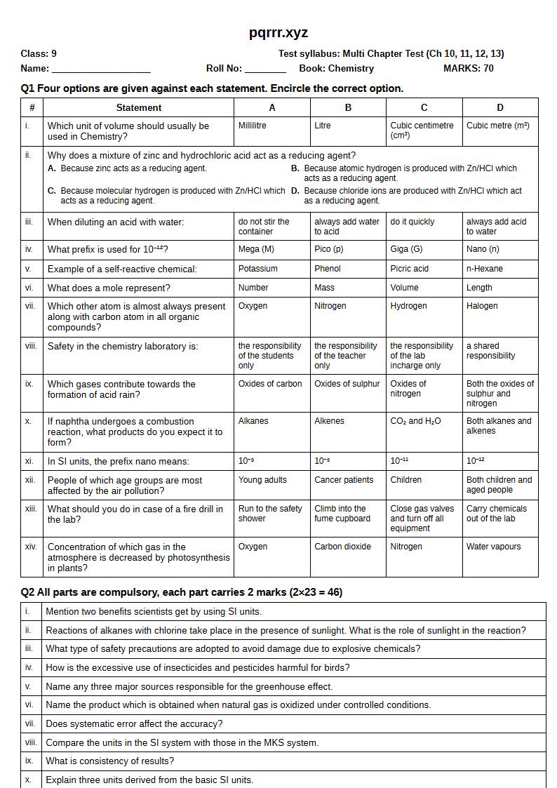 First page of 9th Chemistry – Chapters 10–13 – Multi Chapter Test, 70 marks (English)