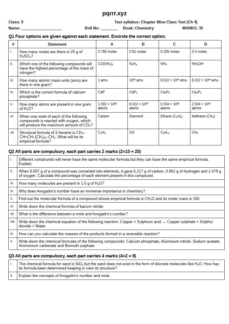 First page of 9th Chemistry – Chapter 4 – Stoichiometry – Chapter Wise Class Test, 35 marks (English)