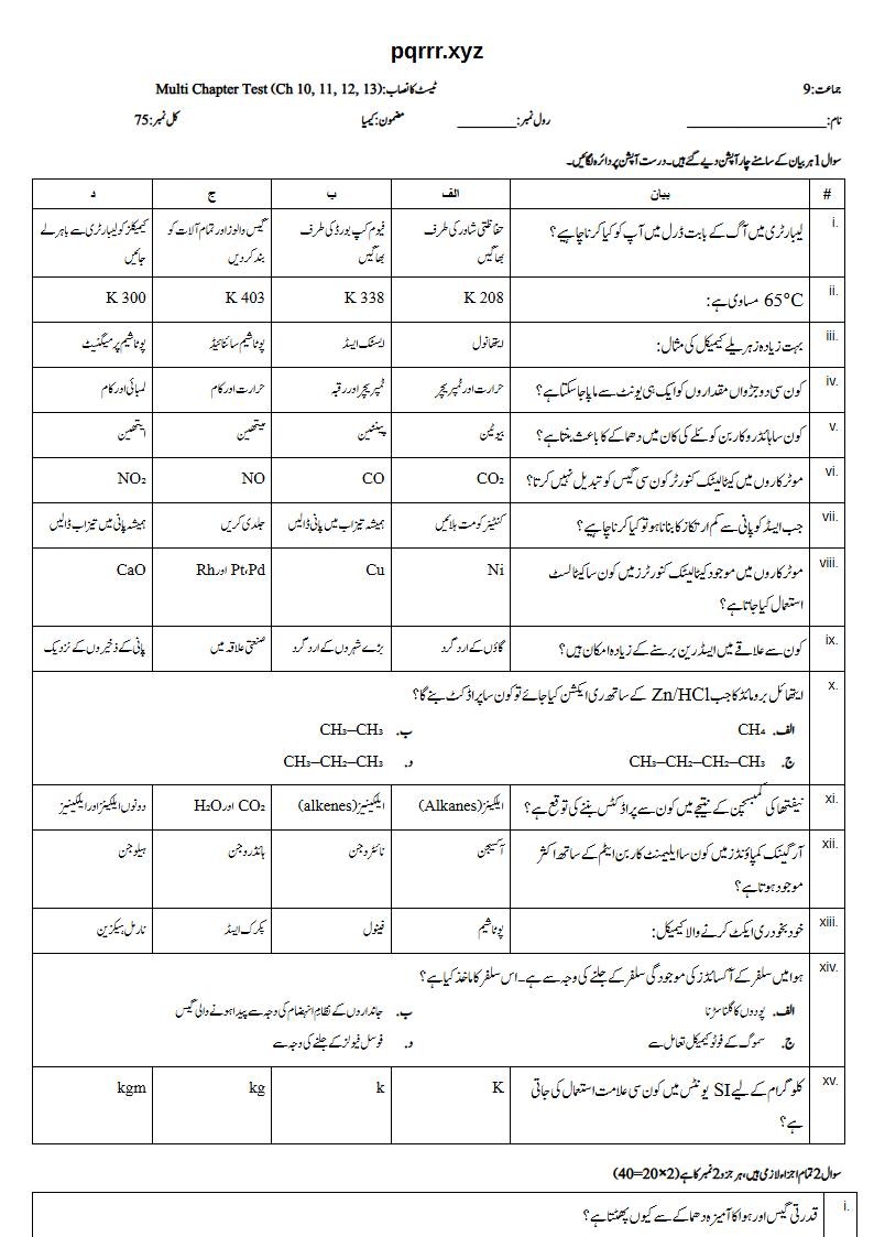 First page of 9th Chemistry (Urdu medium) – Chapters 10–13 – Multi Chapter Test, 75 marks (Urdu)