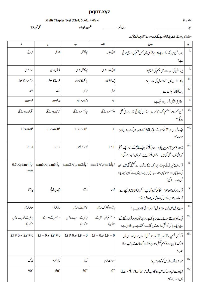 First page of 9th Physics (Urdu medium) – Chapters 4–6 – Multi Chapter Test, 75 marks (Urdu)