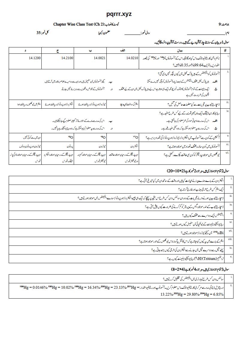 First page of 9th Chemistry (Urdu medium) – Chapter 2 – ایٹم کی ساخت (Atomic Structure) – Chapter Wise Class Test, 35 marks (Urdu)