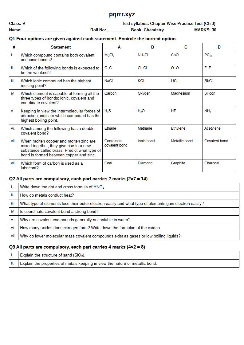 First page of 9th Chemistry – Chapter 3 – Chemical Bonding – Chapter Wise Practice Test, 30 marks (English)