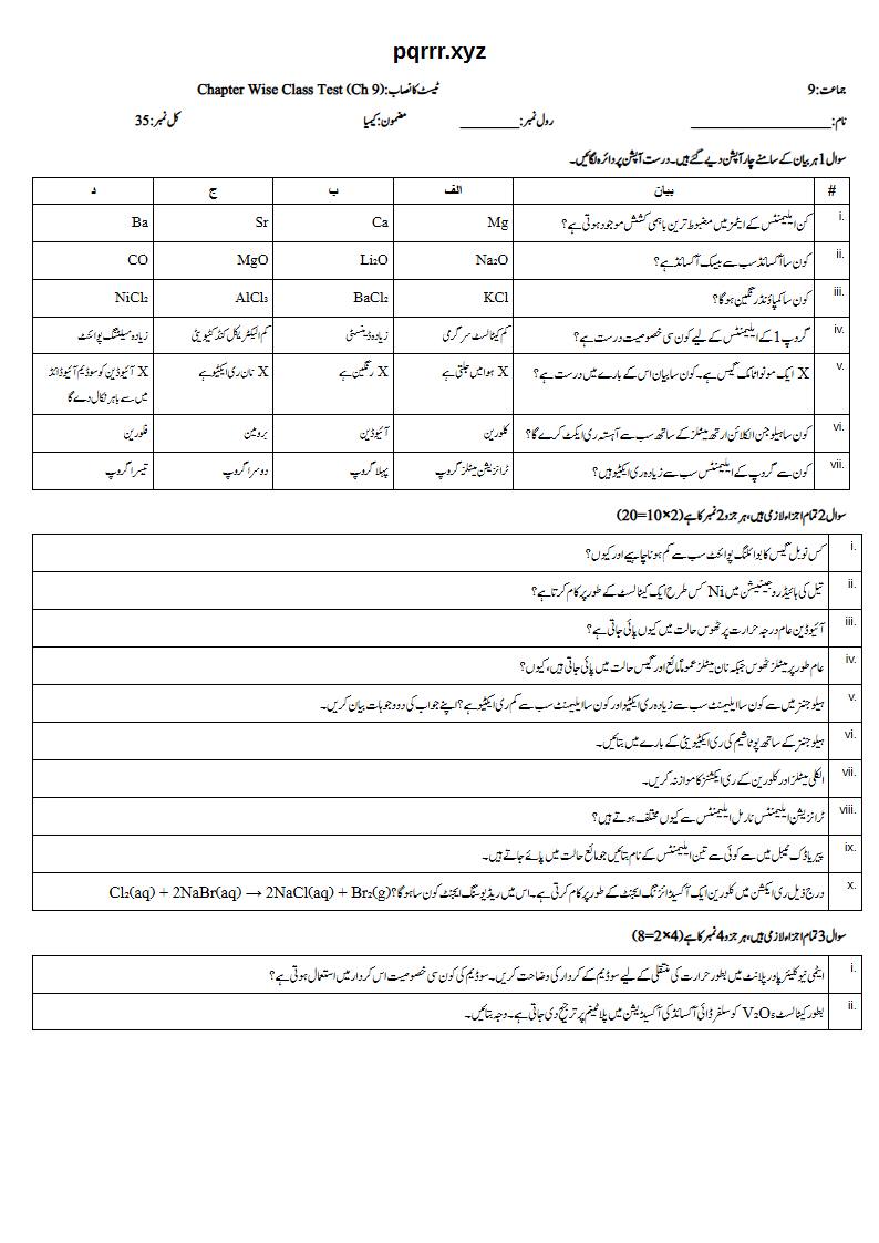First page of 9th Chemistry (Urdu medium) – Chapter 9 – گروپ کی خصوصیات اور ایلیمنٹس (Group Properties and Elements) – Chapter Wise Class Test, 35 marks (Urdu)