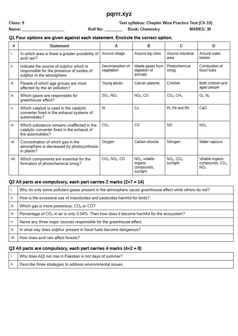 First page of 9th Chemistry – Chapter 10 – Environmental Chemistry – Chapter Wise Practice Test, 30 marks (English)