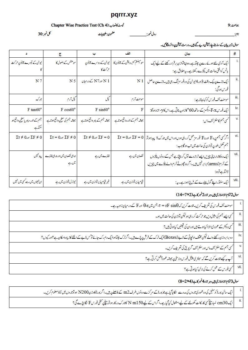 First page of 9th Physics (Urdu medium) – Chapter 4 – فورس کے گھمانے کے اثرات (Turning Effects of Force) – Chapter Wise Practice Test, 30 marks (Urdu)