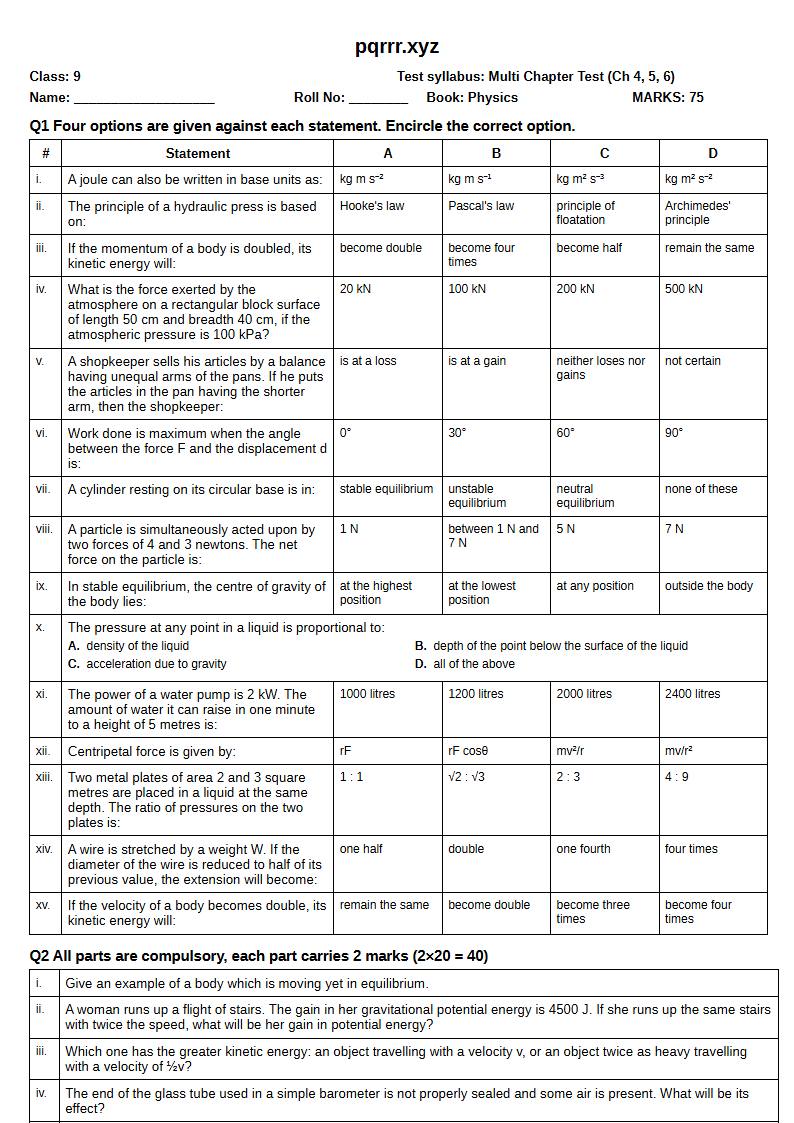 First page of 9th Physics – Chapters 4–6 – Multi Chapter Test, 75 marks (English)