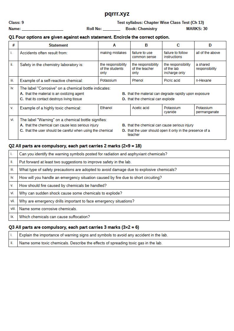 First page of 9th Chemistry – Chapter 13 – Laboratory and Practical Skills – Chapter Wise Class Test, 30 marks (English)