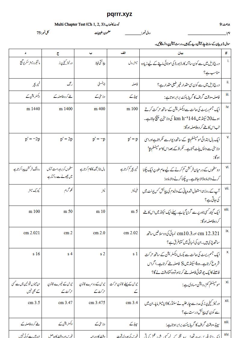 First page of 9th Physics – Chapters 1–3 – Multi Chapter Test, 75 marks (Urdu)