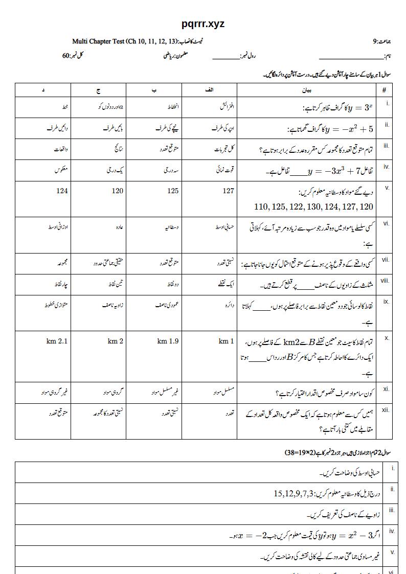 First page of 9th Mathematics (Urdu medium) – Chapters 10–13 – Multi Chapter Test, 60 marks (Urdu)