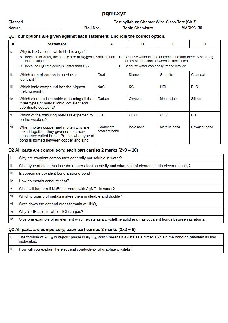 First page of 9th Chemistry – Chapter 3 – Chemical Bonding – Chapter Wise Class Test, 30 marks (English)