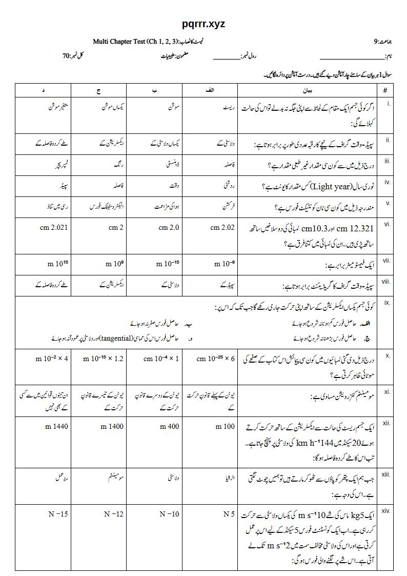First page of 9th Physics – Chapters 1–3 – Multi Chapter Test, 70 marks (Urdu)