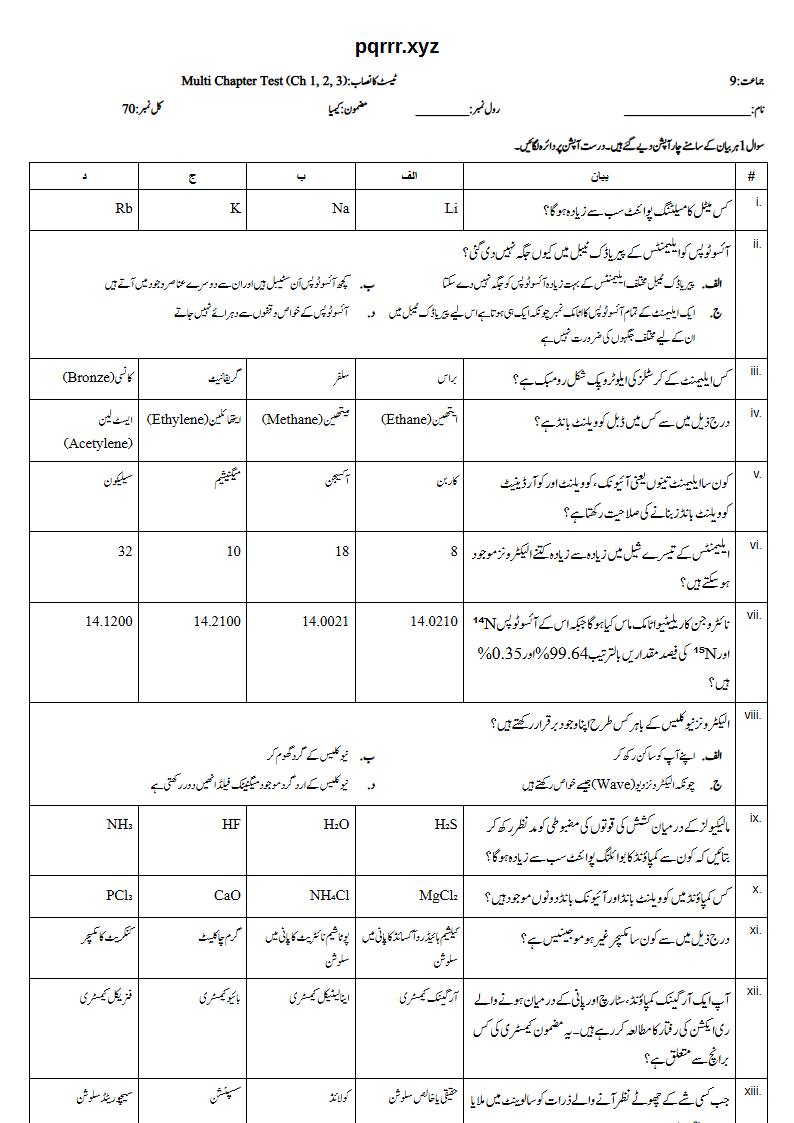 First page of 9th Chemistry – Chapters 1–3 – Multi Chapter Test, 70 marks (Urdu)
