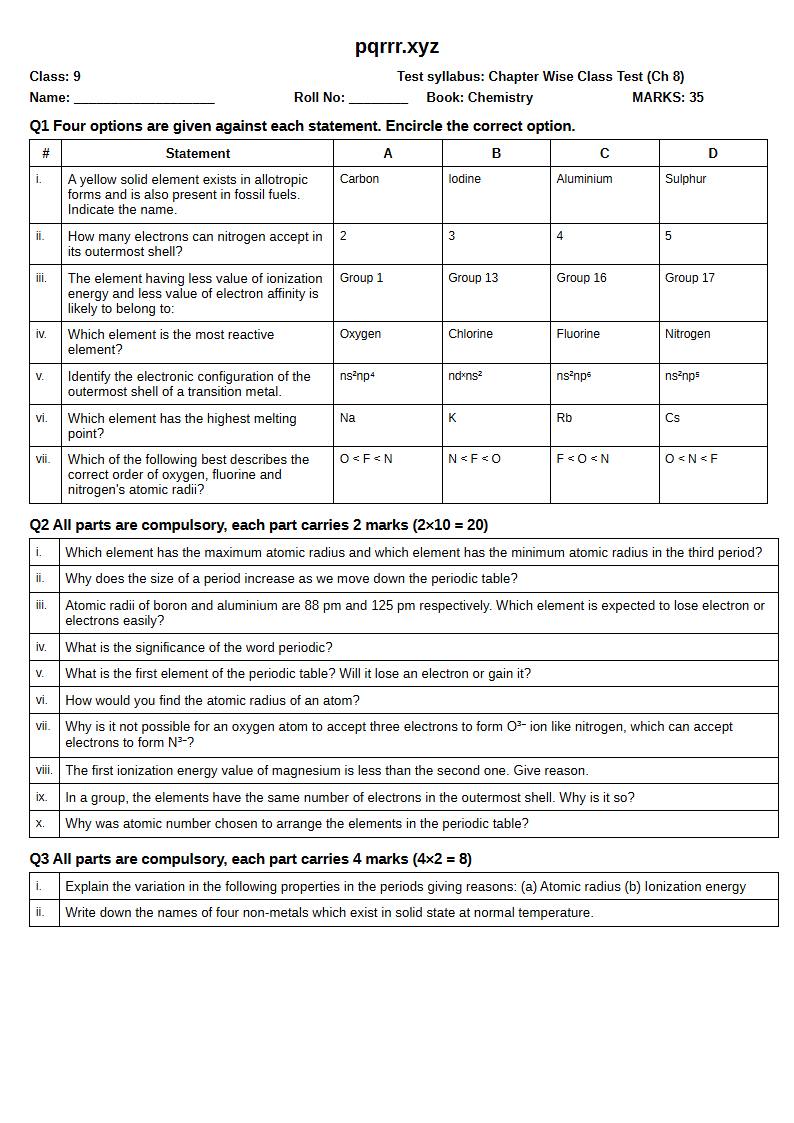 First page of 9th Chemistry – Chapter 8 – Periodic Table and Periodicity – Chapter Wise Class Test, 35 marks (English)