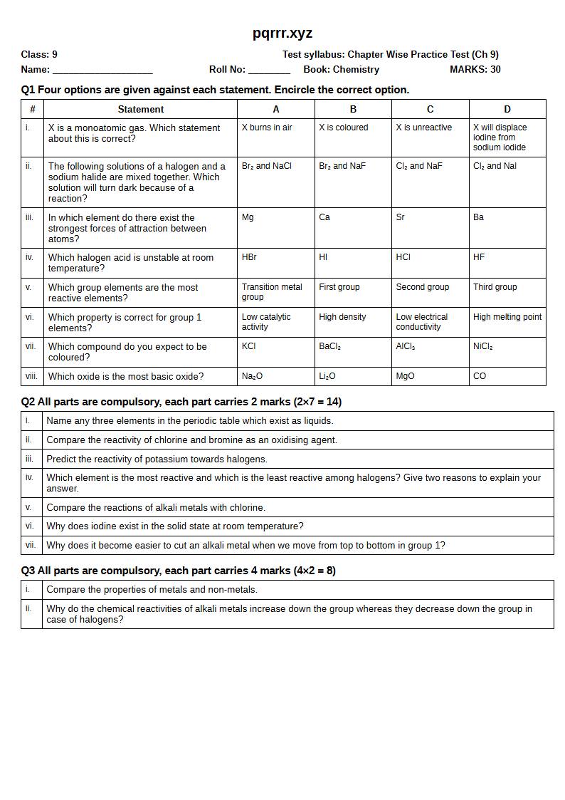 First page of 9th Chemistry – Chapter 9 – Group Properties and Elements – Chapter Wise Practice Test, 30 marks (English)